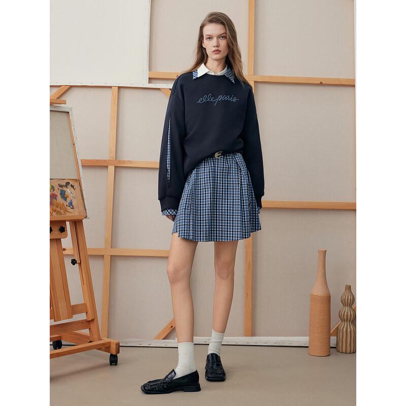ELLE Plaid Patchwork Round Neck Sweatshirt
