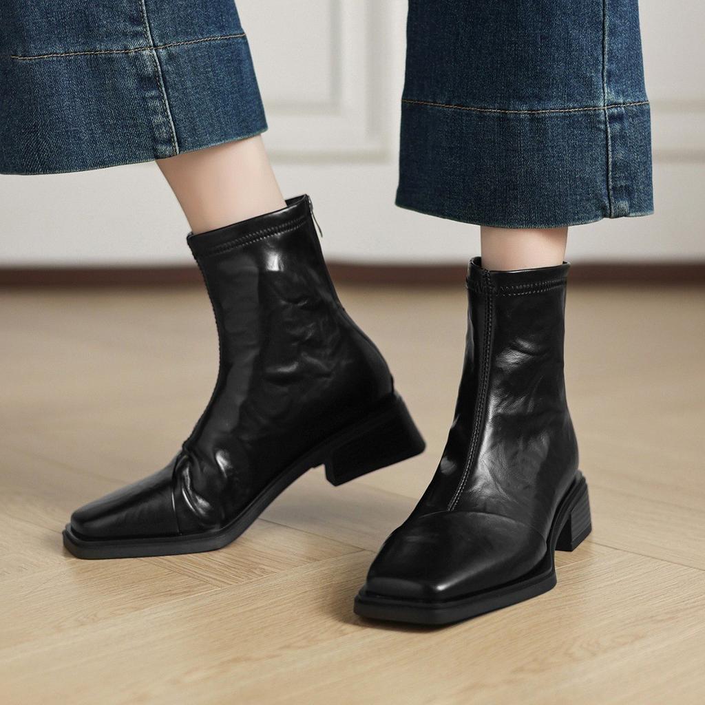 Huge good-looking medium heel thin boots women's head Martin boots thick-soled Chelsea boots small short boots
