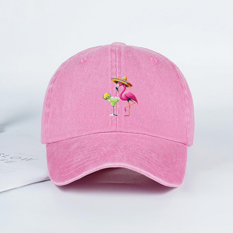 Flamingo Straw Hat Cocktail Print Washed Baseball Cap Playful Tropical Retro Style Beach Getaway, Daily Commute, Holiday Gift