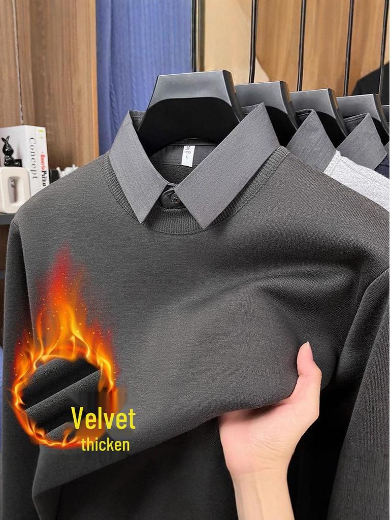 Men's Two-in-One Fleece-Lined Knit Sweater with Shirt Collar for Autumn/Winter