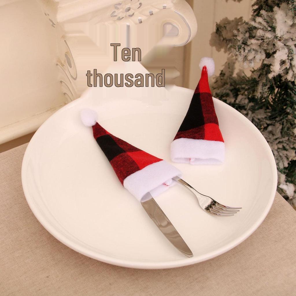 Mini Christmas Hat Wine Bottle and Cutlery Cover - Festive Brushed Cloth Decorations