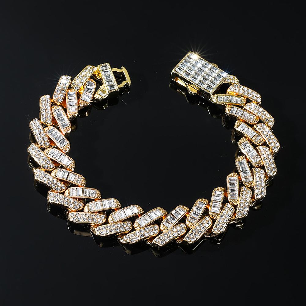 Hip Hop 15mm Chain Baguette Stones Iced Out Rapper Necklace For Men Women Miami Cuban Chain Bracelet Fashion Charm Jewelry Gift