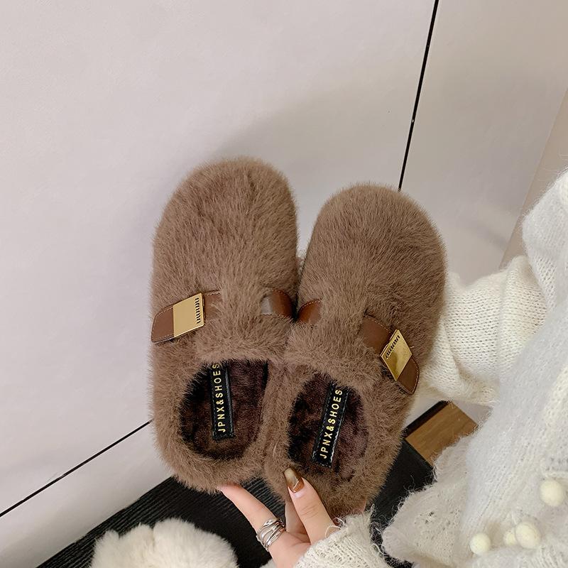 Thick-soled heightening fluffy slippers women's shoes outer wear 2025 new autumn and winter high-end plush cotton slippers
