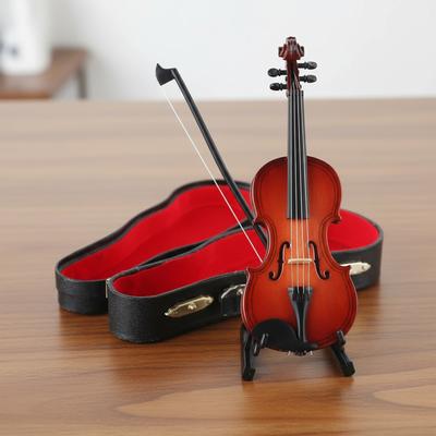 Playable Tiny Violin Figurine Multi-Purpose Miniature Musical Instrument Wooden Handmade Violin Model Home Decorative Ornaments