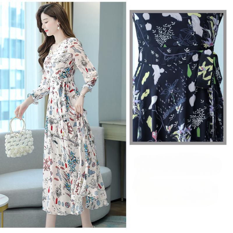 Elegant Floral Print Chiffon Dress Women's Spring Summer French Style V-neck Knee-length Fashionable Empire Waist Dresses