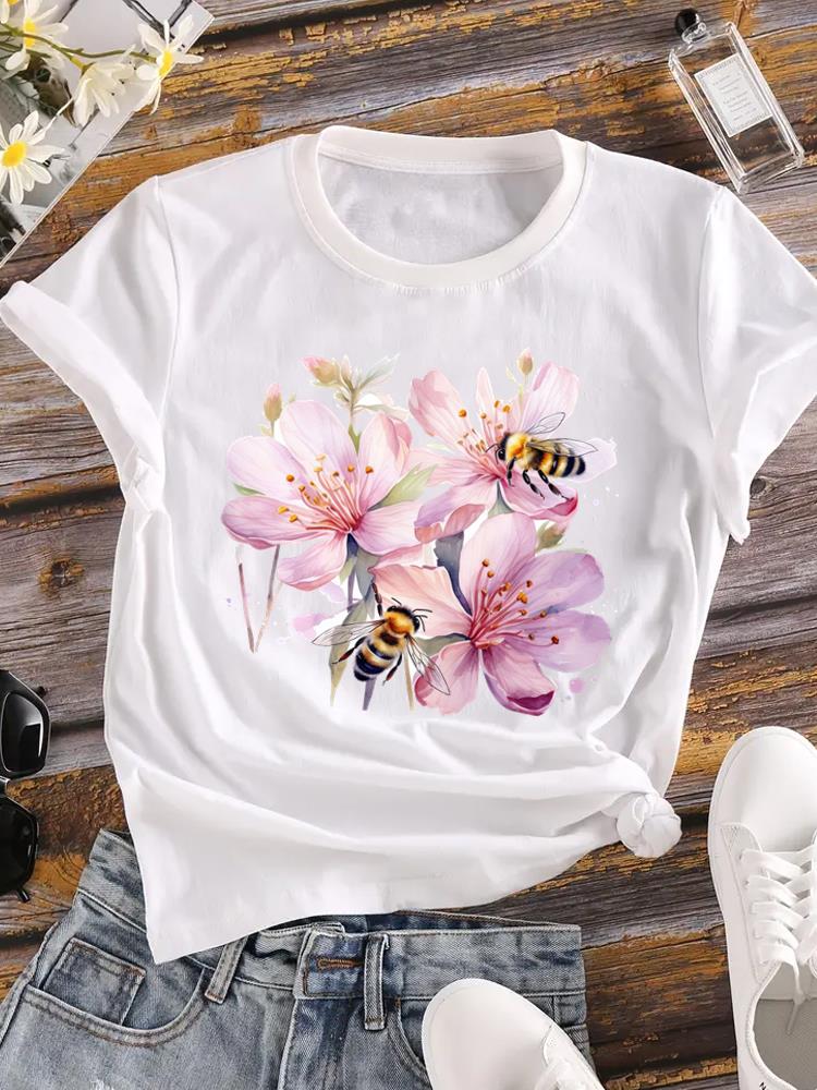 (Asian Size) o-neck T Shirt Printed Female style flower cute Top Lady Clothing Casual Fashion Women Graphic Tee Short Sleeve T-shirts