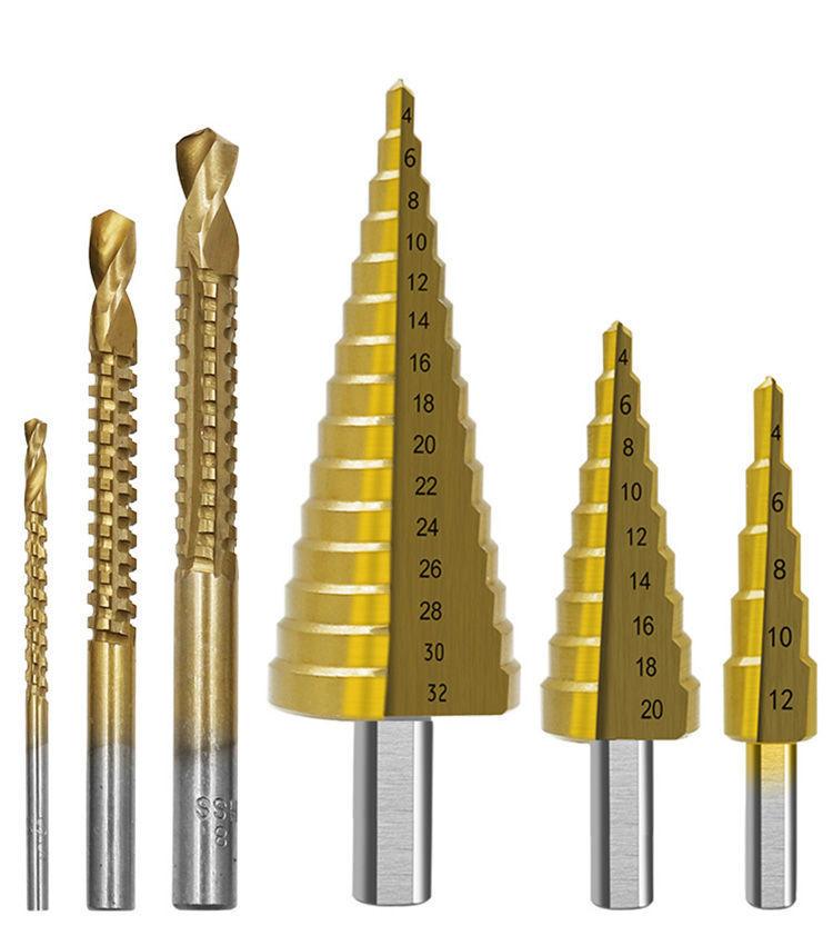 6Pcs HSS Step Drill Bit Set Multi Sizes Pagoda Drill for Wood Hole Drilling Slotting with Aluminum Storage Box
