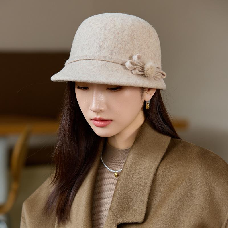 New Hat Women's Elegant Retro Basin Hat Wool Woolen Mother Hat Classic Bow Thermal Hat