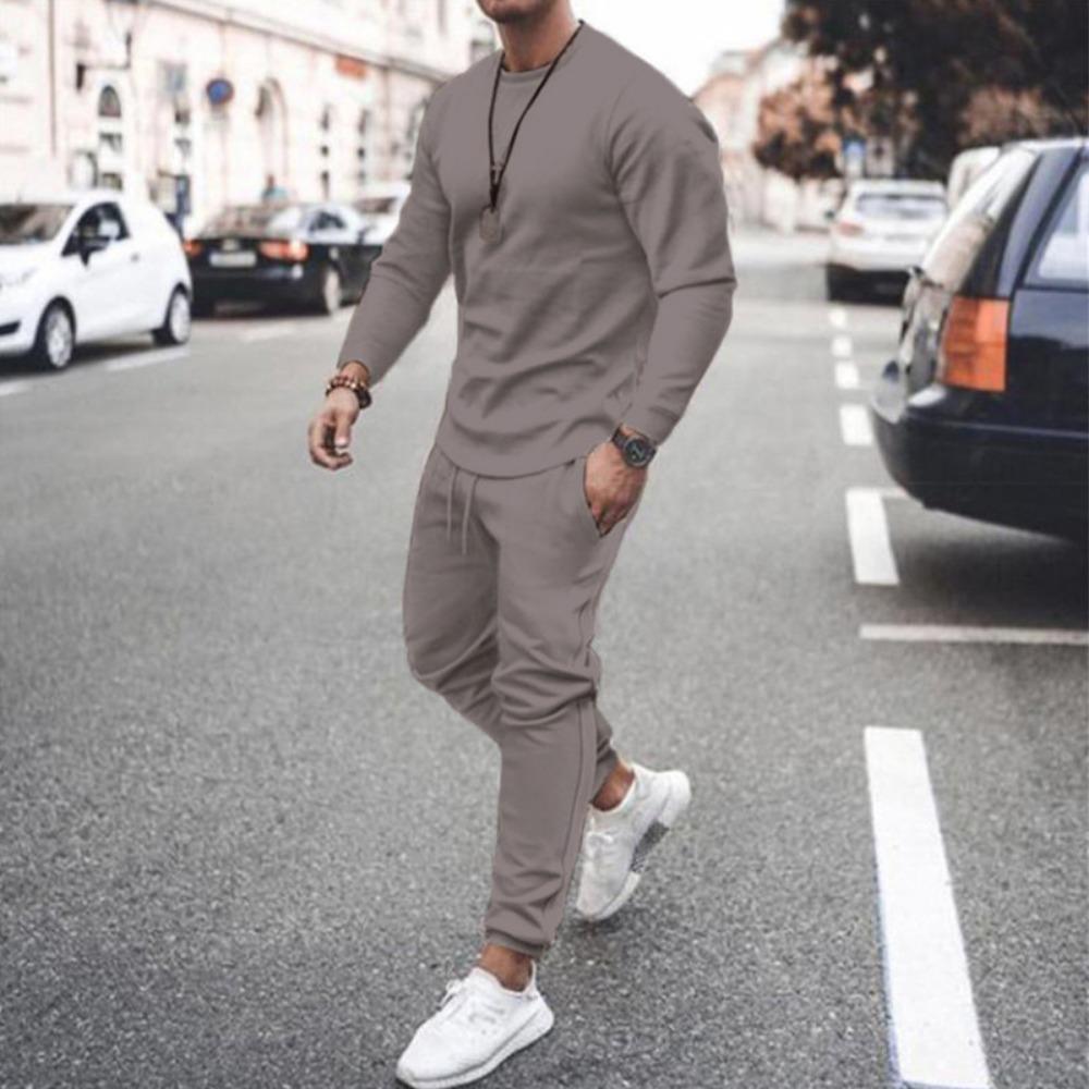 Men's Daily Casual Solid Color Long Sleeved Pants Round Neck Set