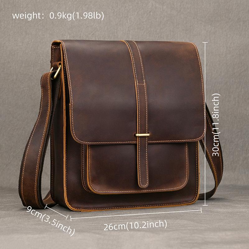 Men'S Retro Leather Shoulder Bag Crazy Horse Leather Flip Messenger Bag A4 Work Briefcase Men'S Bag