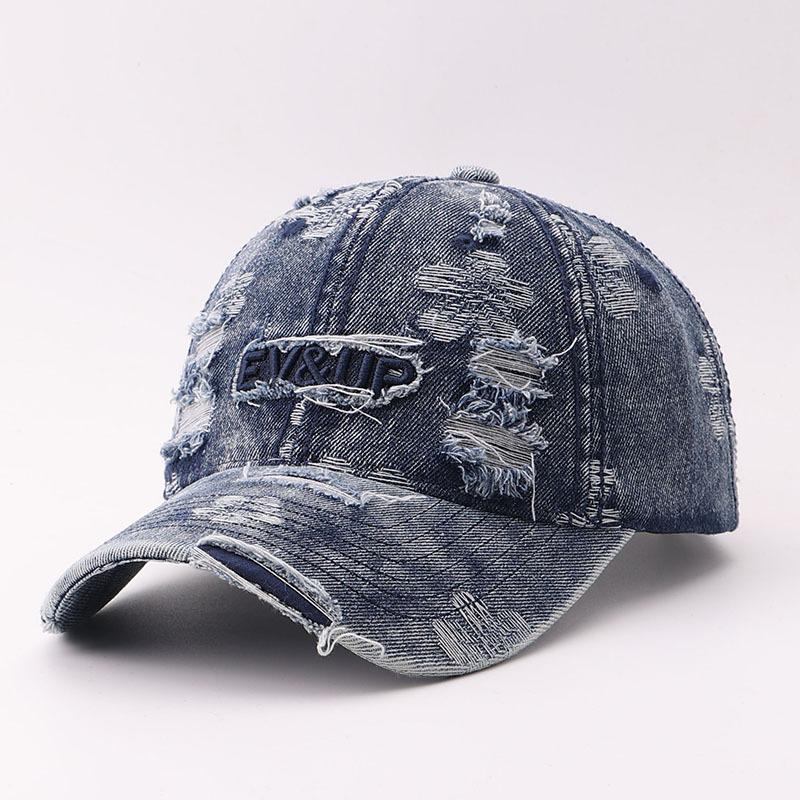 New washed and old denim baseball cap, letter holes, simple spring and autumn women's high-end American cap