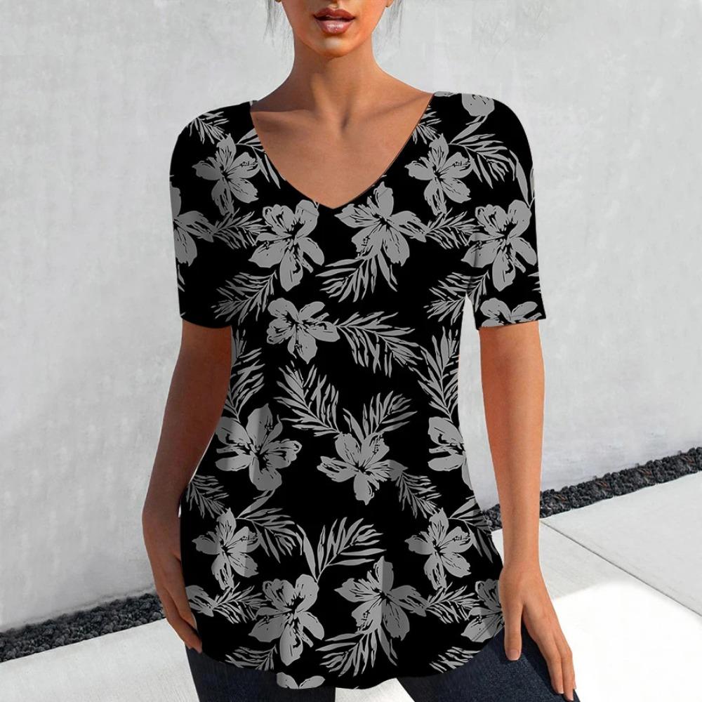 Fashion Floral Print 3D Printed Women's Casual V-neck Short Sleeved T-shirt