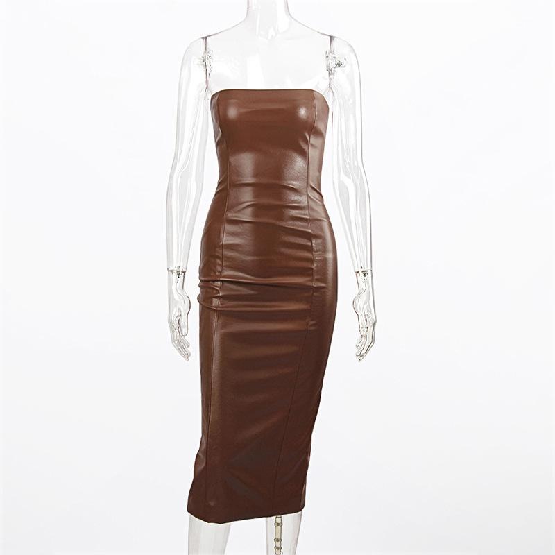 Sexy Mid-length Skirt for Women's Dress Solid Color Temperament Slim Strapless Rear PU Leatherette Skirt