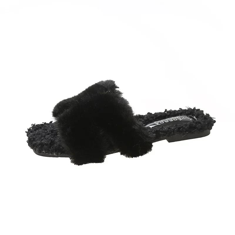

Модные меховые женские тапочки Дизайнерские Осенне-зимние с открытым носком Шерстяные Удобные Теплые Туфли Модные Плоские Повседневные Уличные Домашние Тапочки для Платья 40 чёрный