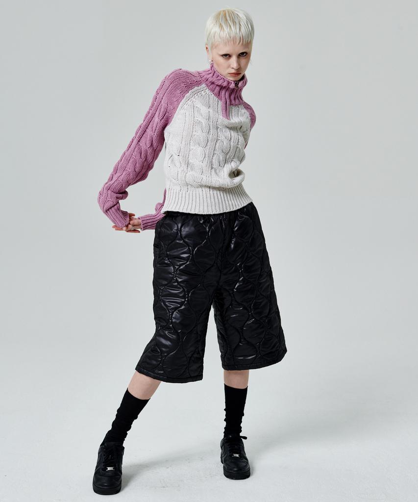 Leoninghai Color Block Turtleneck Zip-Up Knit Pullover [Pink]