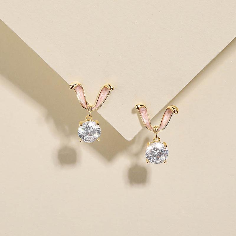Pink Ear Zircon Rabbit Earrings Women'S Autumn And Winter Niche Design Sense Advanced Sense Rabbit Ear Stud Earrings Tide