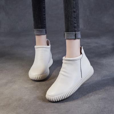 Genuine Leather Ankle Boots Casual Versatile Solid Color Soft Soled Flat Short Boots Women's Shoes