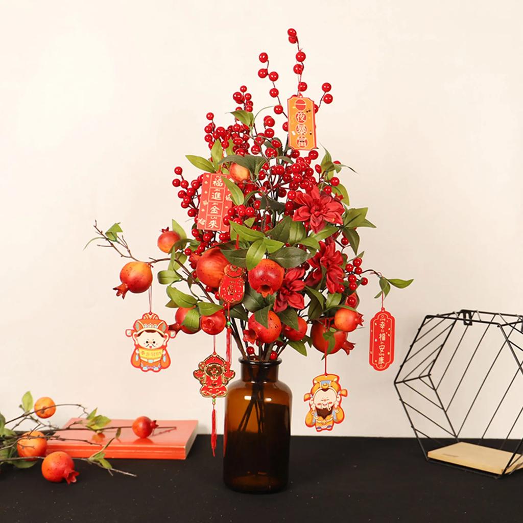 Artificial Pomegranate Green Leaf Cuttings Spring Festival Housewarming Gift New Year Table Decorations Simulation Plant Flower