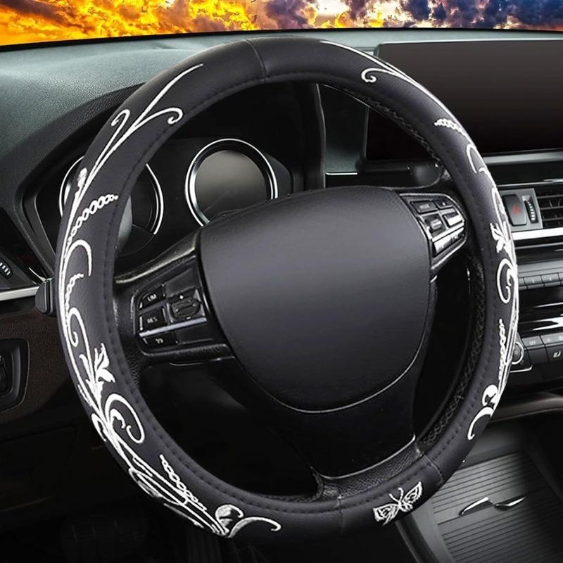 White Embroidery Butterfly Car Steering Wheel Cover14.515 Inch Universal Leather Covers Breathable AntiSlip Odorless Steering W