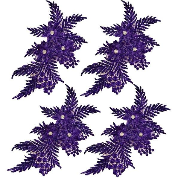 4er-Pack 3D-Blumen-Pailletten-Applikation mit Strass-Glitzer-Perlen-Stickerei, Stoff-Spitzenbesatz für Hochzeit, Brautkleid, Kleid, Tasche, Kissen
