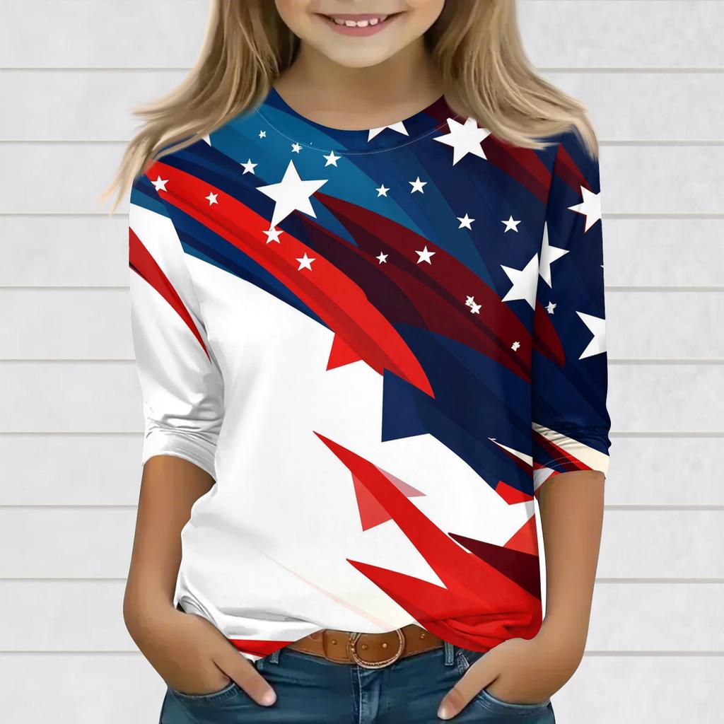 Topuri cu imprimeu pentru fete tinere 3-10 ani Gât rotund Mâneci 3/4 Tricouri Topuri la modă Ținută Tricouri