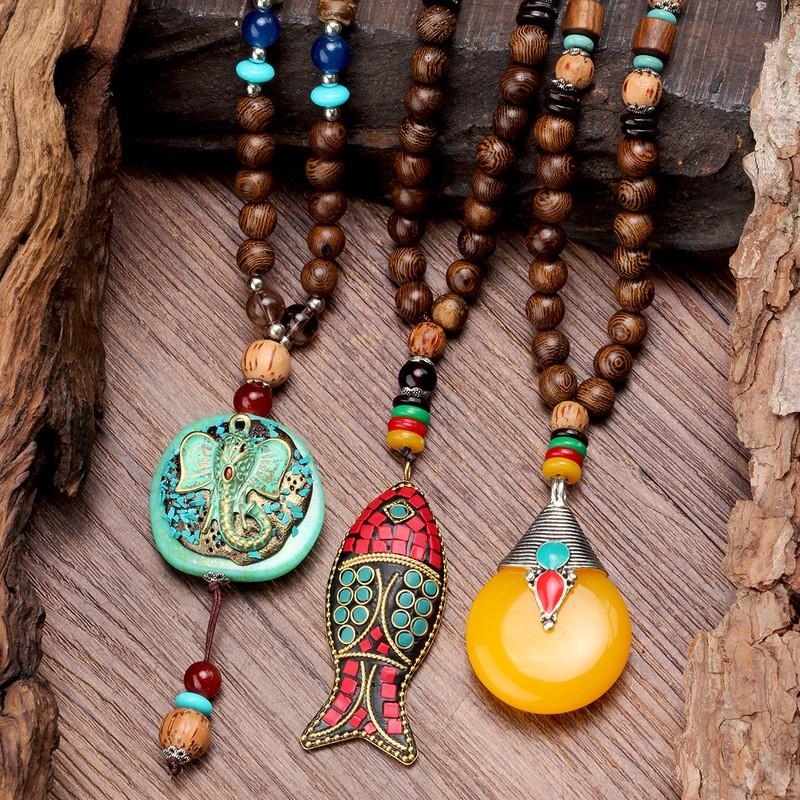 Handmade Bohemian Long Pendant Necklace Women With Wooden Beads Bodhi Seed Charm Vintage Ethnic Style