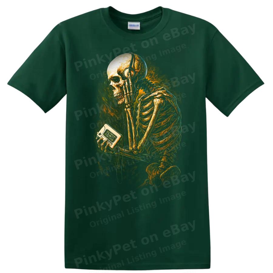 Skeleton Listening To Music T Shirt Vintage Retro Art Music Lover Tee