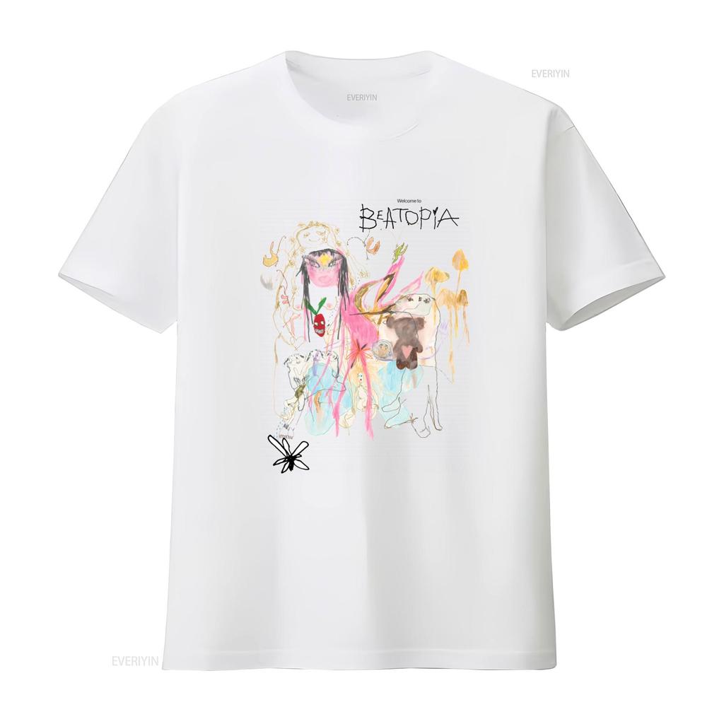 Beabadoobee T Shirt with Colorful Artistic Print Welcome To Beatopia Design Vintage Washed Soft Designer Clothes Homme