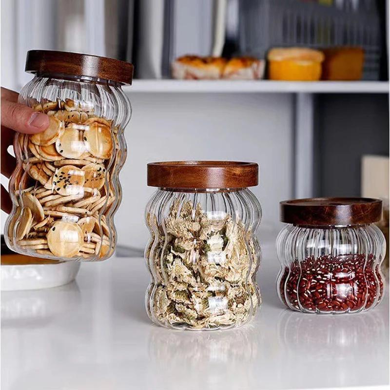 Kitchen High Borosilicate Glass Sealed Jar Canister Glass Container Wood Lid Food Storage Jar Coffee Bean Wheaten Grain Oat Can