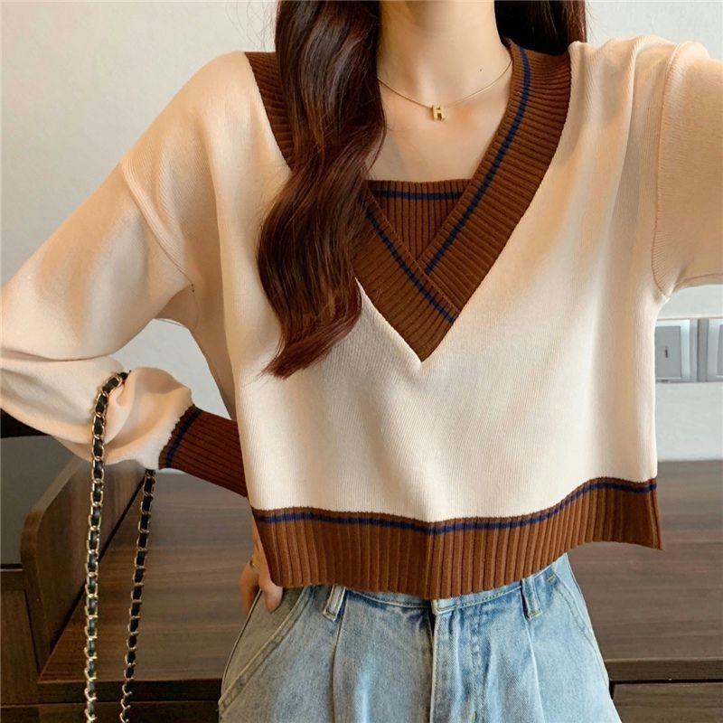Elegant Knitted V Neck Pullover Sweater Women's Autumn and Winter Fashion Loose Outer Bottoming Shirt 2025 New Casual Simple Short Tops Clothing