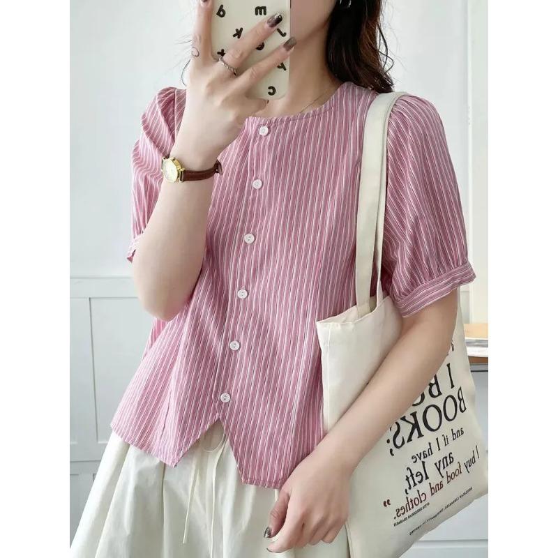 French Striped Short Sleeve Shirt Women New Small Short Top Loose Retro Cardigan