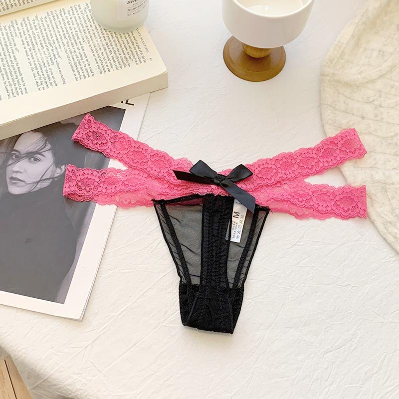 Sexy Color Blocked Lace Low Waist Panties Half Hip Thong Seductive Mesh See Through Women's Panties