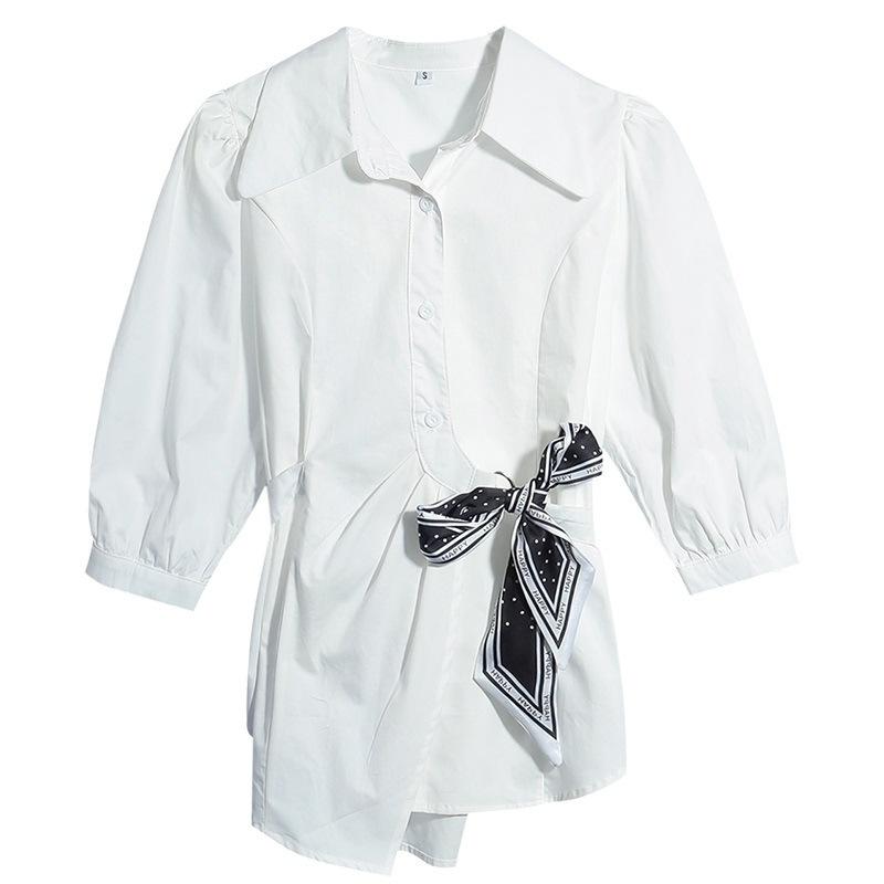 Women Lapel 3/4 Puff Sleeve Shirt Self Tie Sash Waist Slim Loose Tencel Blend Blouse Elegant Commuter Spring Summer Top M