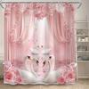 Luxury Pink Swan Rose Shower Curtain Waterproof Floral Bathroom Liner Romantic Swan Decoration Shower Screen