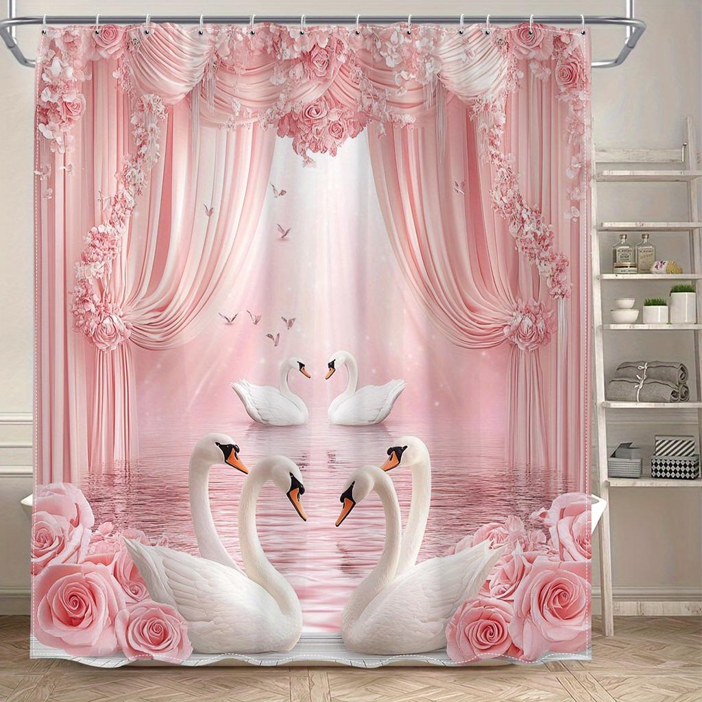 Luxury Pink Swan Rose Shower Curtain Waterproof Floral Bathroom Liner Romantic Swan Decoration Shower Screen