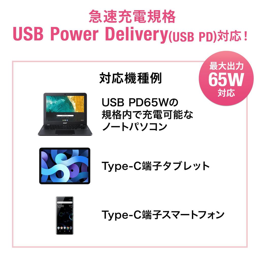 SANWA SUPPLY AC USB PD Compatibil cu Încărcător, (Max 65W), Cablu Type-C, ACA-PD91BK