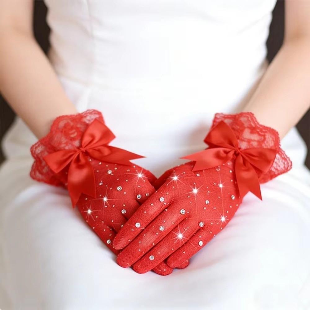 1 Pair Bow Knot Design Lace Gloves Full Finger Bridal Gloves Elegant Cosplay Gloves for Women