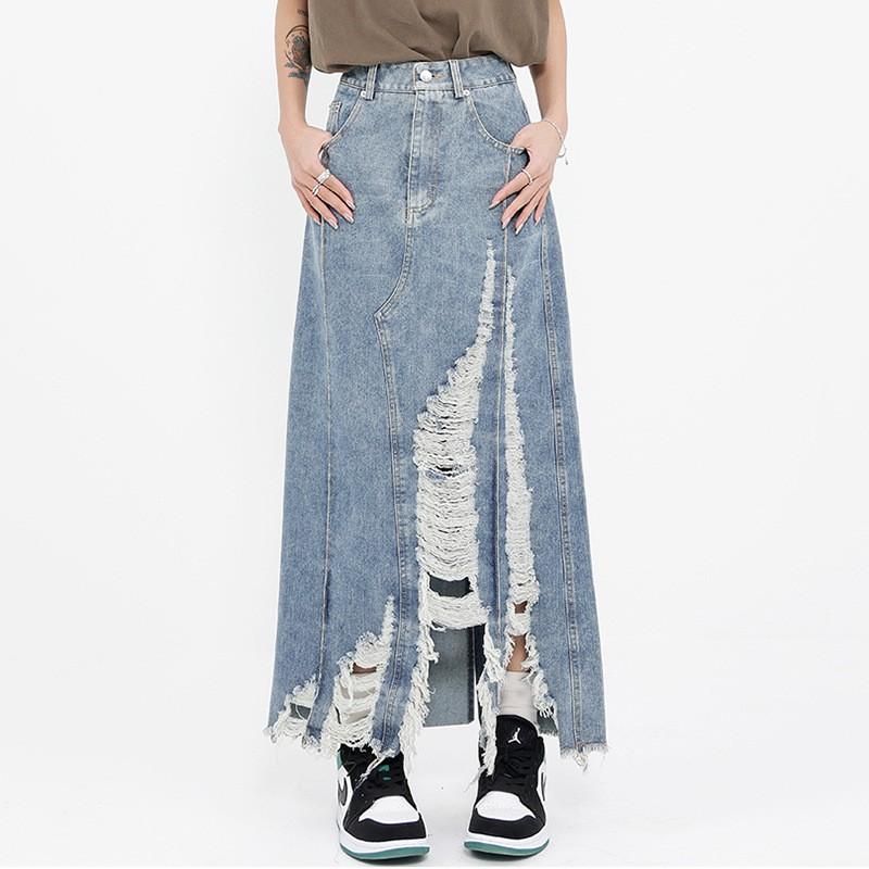 Womens Vintage Denim Midi Skirt With Raw Hem Distressed Detail Boho Street Style Cotton Blend Long