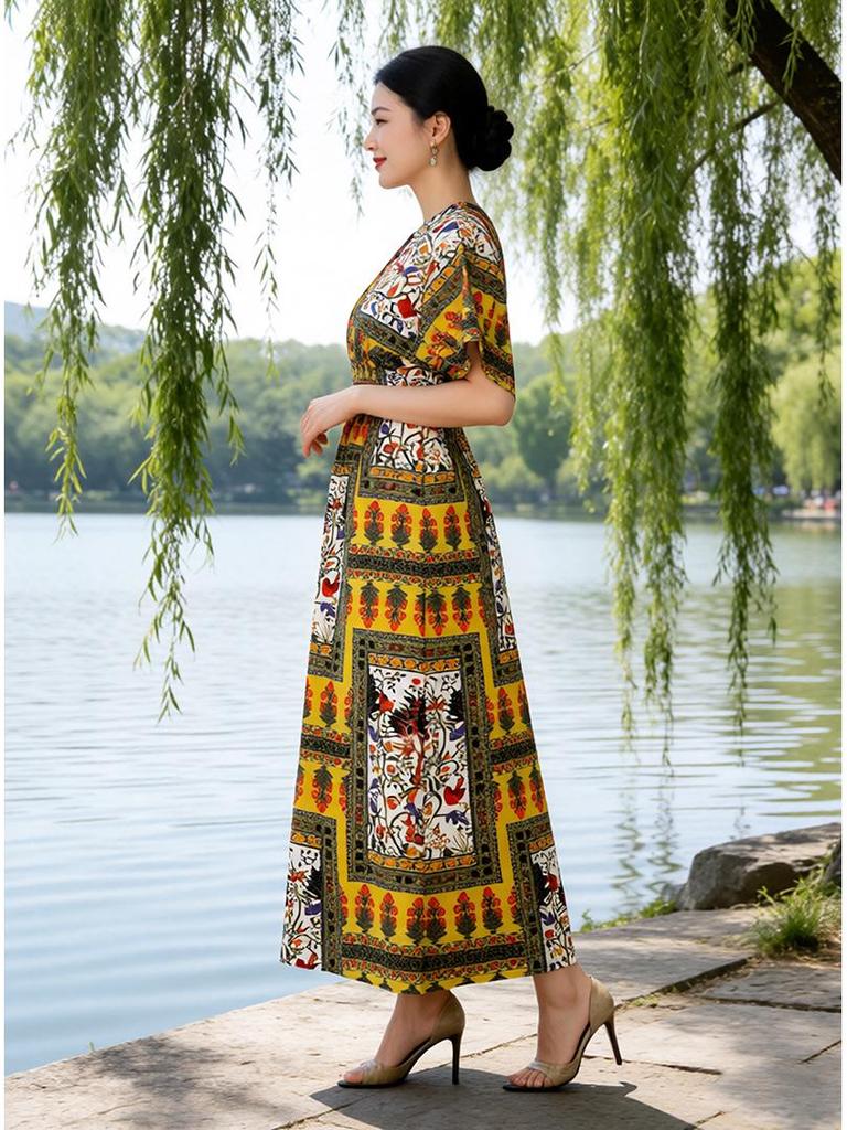 2026 V-neck Digital Print High-waist Batwing Sleeve Beach Dress - Southeast Asian Cotton Silk