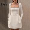 Long Sleeve Mini Dress Women Square Collar Beaded Flower Decor Formal Short High Waist Above Knee Length