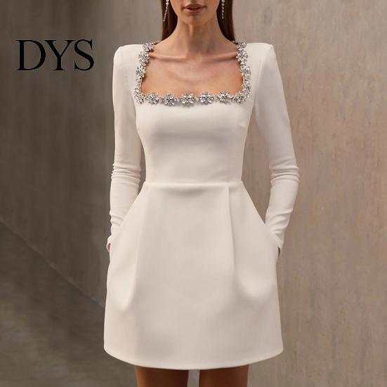 Long Sleeve Mini Dress Women Square Collar Beaded Flower Decor Formal Short High Waist Above Knee Length