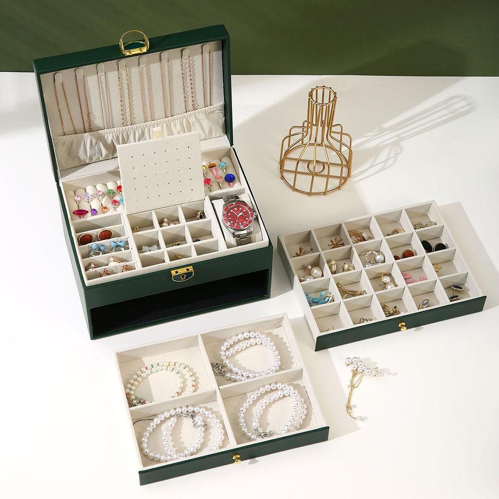 Dreischichtige Anti-Oxidations-Schmuckschatulle mit Diamantenmuster und großem Fassungsvermögen zur Aufbewahrung von Halsketten und Ringen