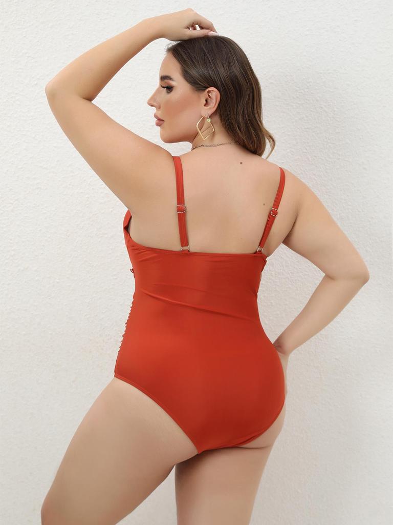 Dámské evropské a americké jednodílné plus size bikiny: Kostým s kosticemi, Jednobarevný, Dvojitá ramínka, Zeštíhlující střih.