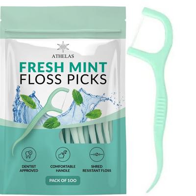 Athelas Pack of 100 Fresh Mint Dental Floss Picks | Dentist Designed & Most Convenient Teeth Flosser for Fresh Breath & Complete Oral Plaque Remova