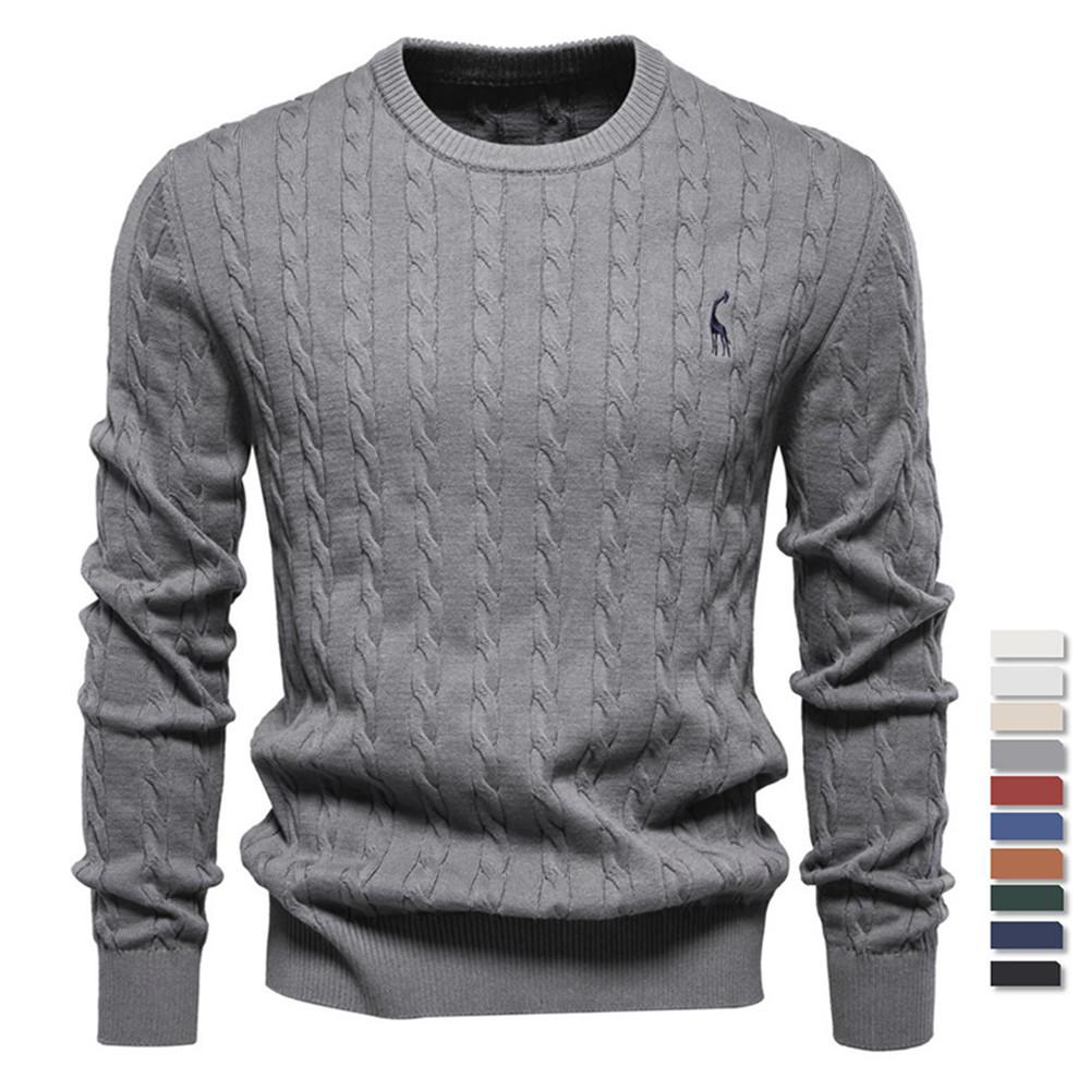 Men's Autumn Winter Solid Knitted Crew Neck Sweater Fashion Casual Deer Embroidery Pullover
