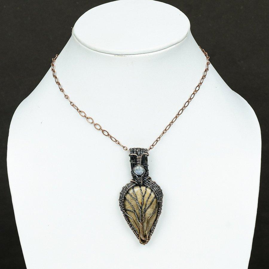 Natural Wood Jasper, Moonstone Gemstone Copper Wire Wrap Pendant 2.88" P4Q77