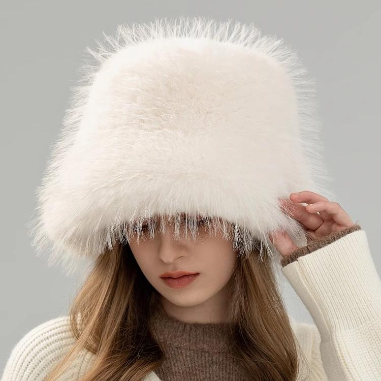 New Imitation Fox Hair Bucket Hat Women's Autumn and Winter Fashion Versatile Thickened Warm Plush Top Hat Japanese Show Small Face