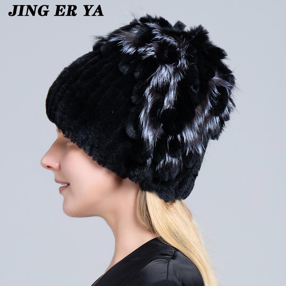 Winter Women's Warm Fashion Beanie Knitted Hat Real Rex Rabbit Fur Hat Knitted with Side Flower Russia Hat