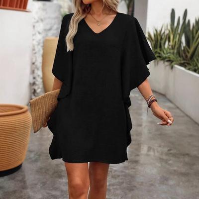 Abito estivo da donna a tinta unita, ampio, con balze, scollo a V e colletto alla moda