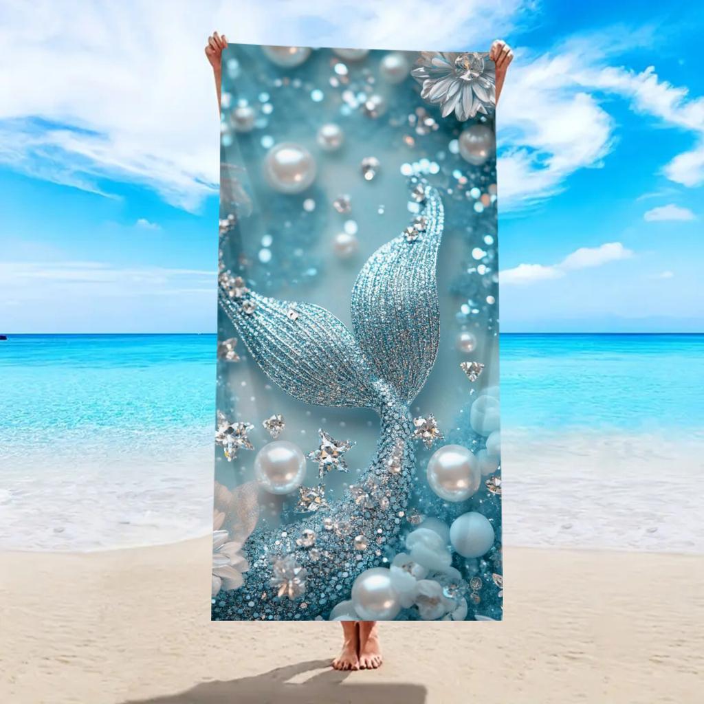 Beach-Style Shell & Starfish Polyester Beach Towel, 2D Printed, Quick-Dry Lightweight, All-Season Unisex, Ideal for Beach/Surfin